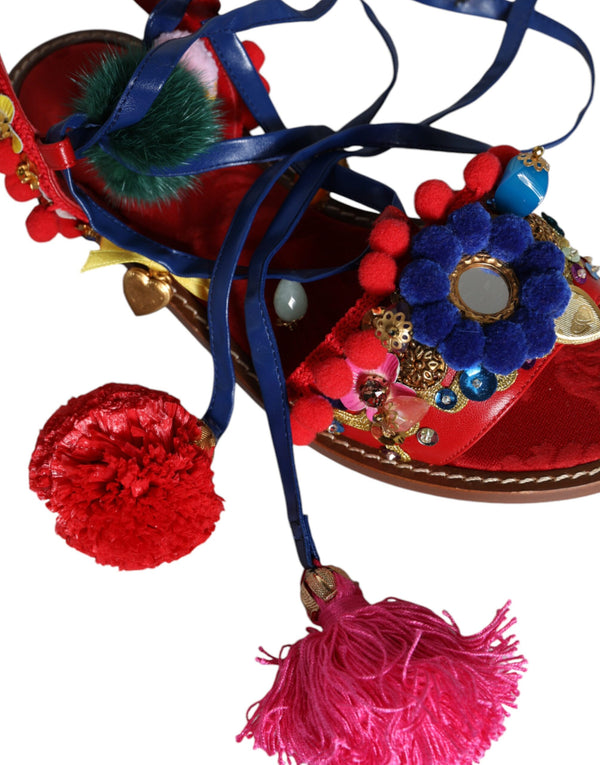 Multicolor Pom Pom Pelz Wrap Sandalen Schuhe