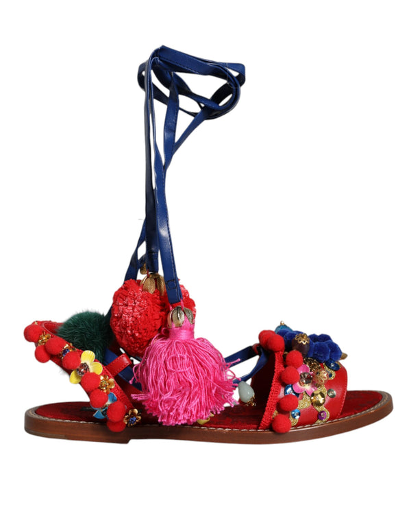 Multicolor Pom Pom Pelz Wrap Sandalen Schuhe