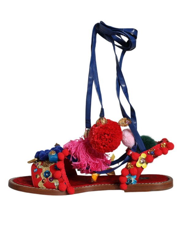 Multicolor Pom Pom Pelz Wrap Sandalen Schuhe