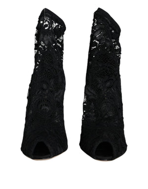 Schwarze Spitze Stretch Heels Mid Calf Stiefel Schuhe