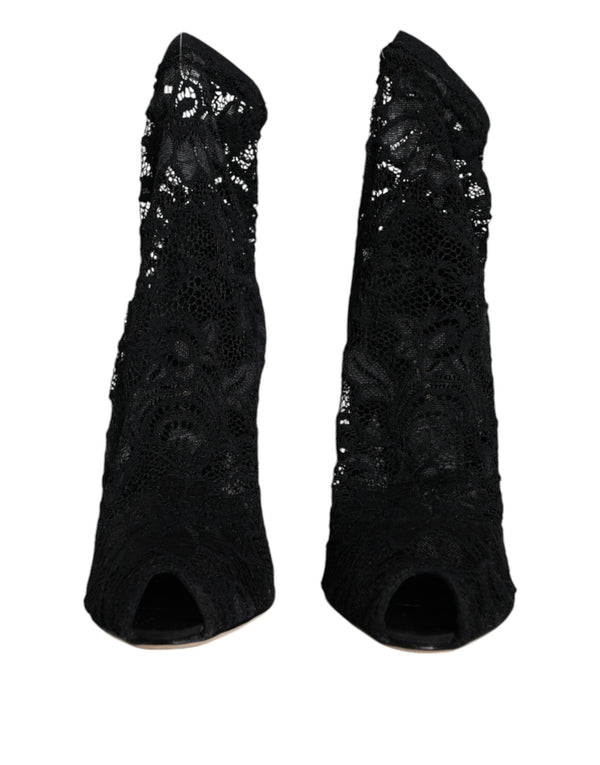 Schwarze Spitze Stretch Heels Mid Calf Stiefel Schuhe