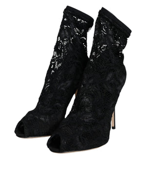 Schwarze Spitze Stretch Heels Mid Calf Stiefel Schuhe