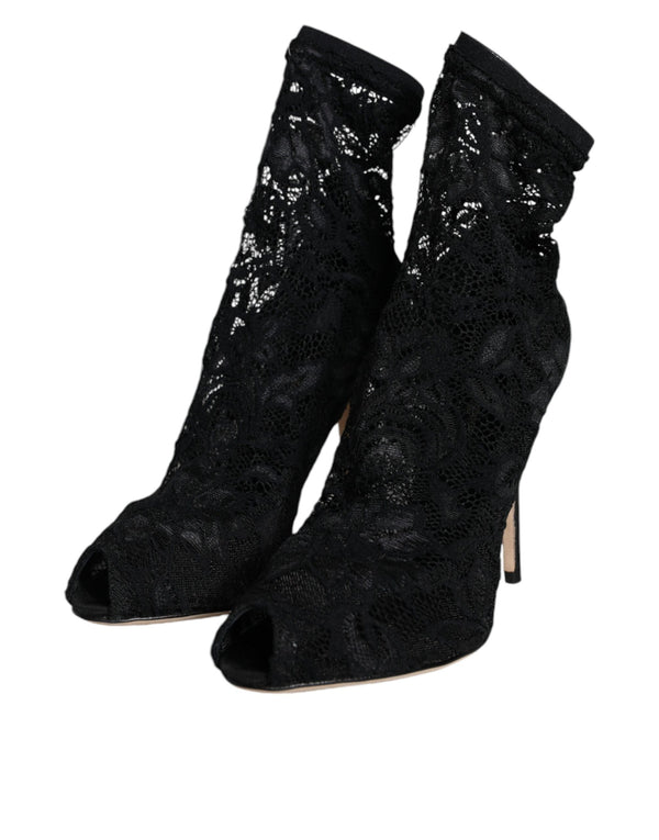 Schwarze Spitze Stretch Heels Mid Calf Stiefel Schuhe