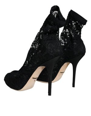 Schwarze Spitze Stretch Heels Mid Calf Stiefel Schuhe