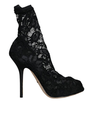 Schwarze Spitze Stretch Heels Mid Calf Stiefel Schuhe