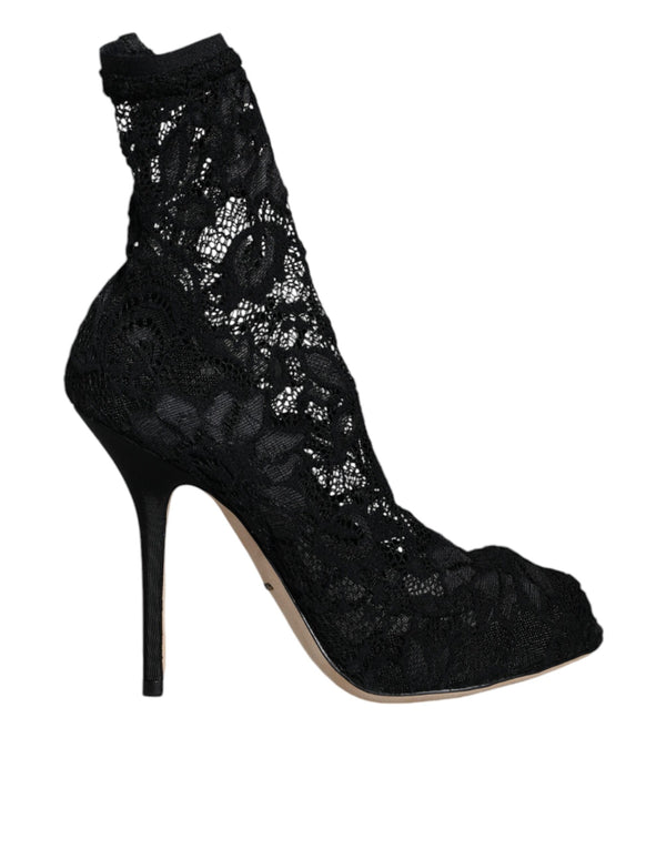 Schwarze Spitze Stretch Heels Mid Calf Stiefel Schuhe
