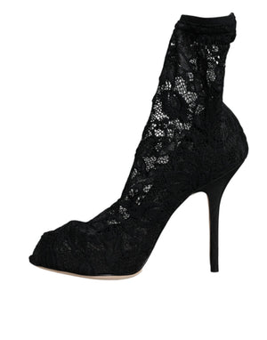 Schwarze Spitze Stretch Heels Mid Calf Stiefel Schuhe