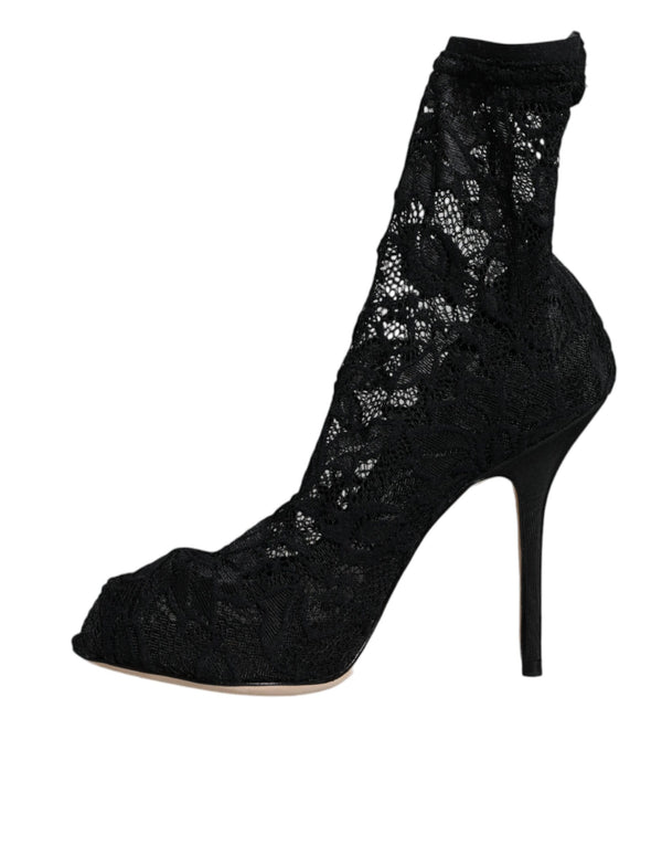 Schwarze Spitze Stretch Heels Mid Calf Stiefel Schuhe