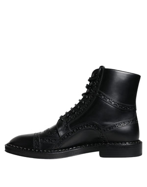 Schwarze Leder Schnürstiefel mit mittlerer Wade