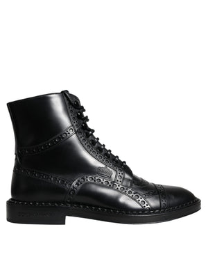 Schwarze Leder Schnürstiefel mit mittlerer Wade