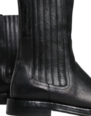 Black Horse Leather Mid Calf Boots Shoes