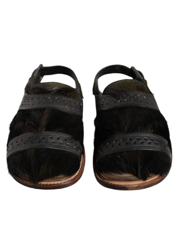 Black Gazelle Hair Leather Flats Sandals Shoes