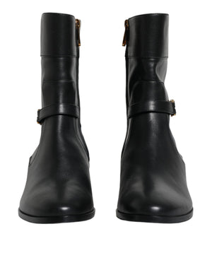 Schwarzes Leder Logo Mid Calf Stiefel Schuhe