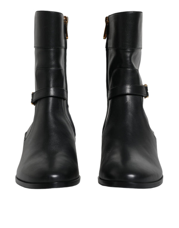 Schwarzes Leder Logo Mid Calf Stiefel Schuhe