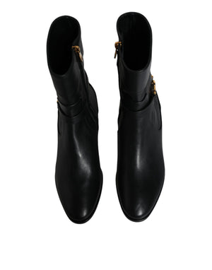 Schwarzes Leder Logo Mid Calf Stiefel Schuhe
