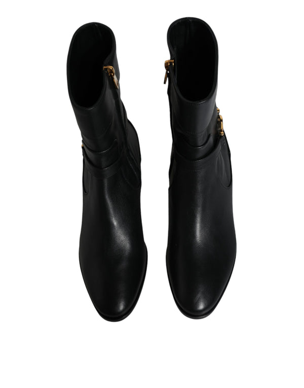 Schwarzes Leder Logo Mid Calf Stiefel Schuhe