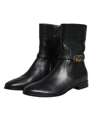 Schwarzes Leder Logo Mid Calf Stiefel Schuhe