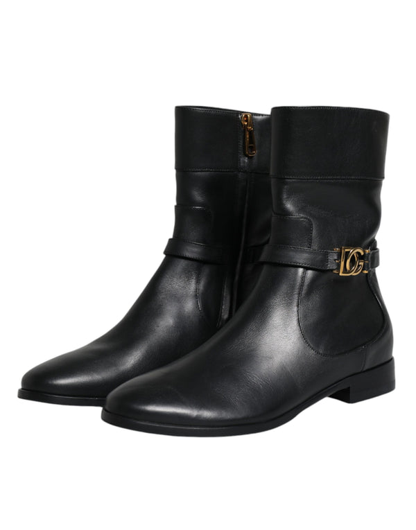 Schwarzes Leder Logo Mid Calf Stiefel Schuhe