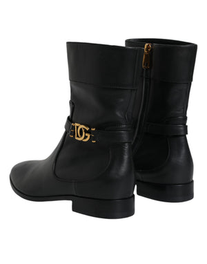Schwarzes Leder Logo Mid Calf Stiefel Schuhe
