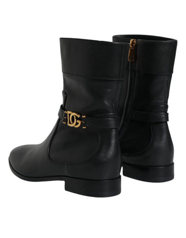 Schwarzes Leder Logo Mid Calf Stiefel Schuhe