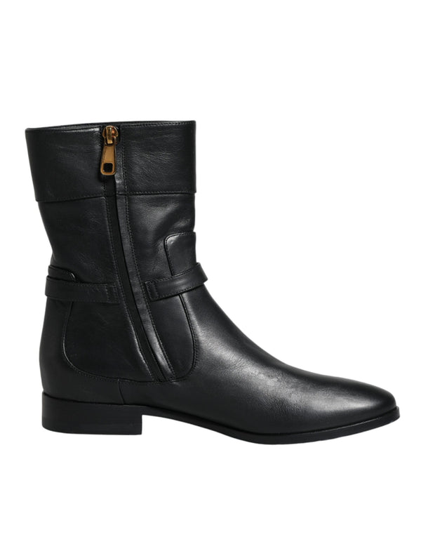 Schwarzes Leder Logo Mid Calf Stiefel Schuhe