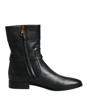 Schwarzes Leder Logo Mid Calf Stiefel Schuhe
