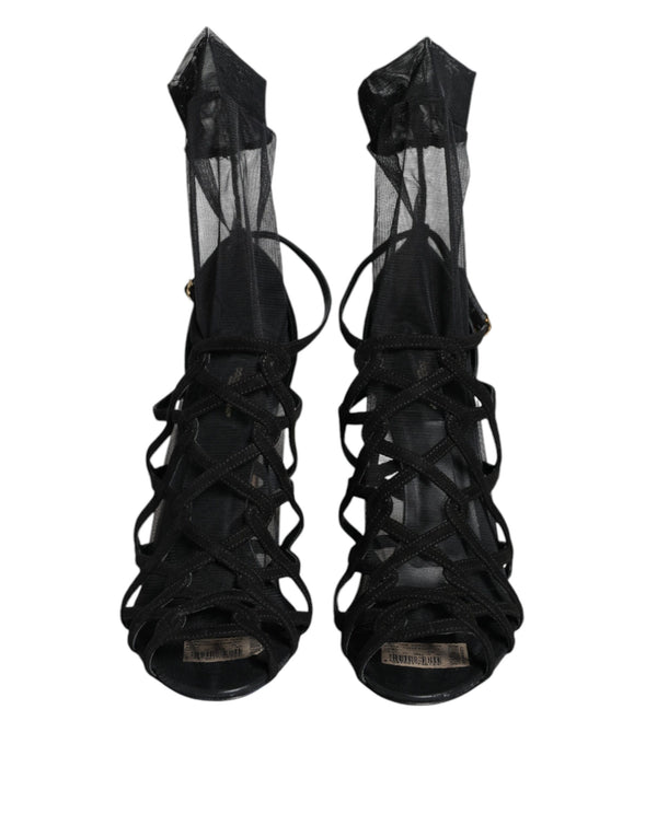 Schwarz Tüll Stretch Heels Sandalen Schuhe