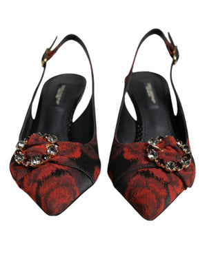 Schwarz Rot Floral Kristall Absatz Slingback Schuhe