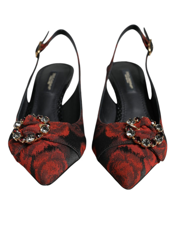 Schwarz Rot Floral Kristall Absatz Slingback Schuhe