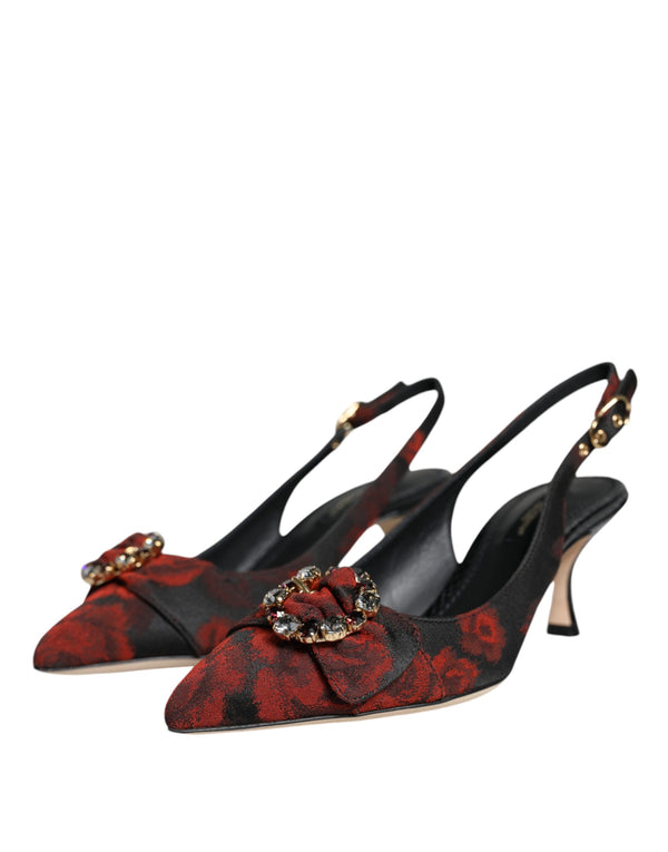 Schwarz Rot Floral Kristall Absatz Slingback Schuhe