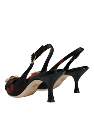 Schwarz Rot Floral Kristall Absatz Slingback Schuhe