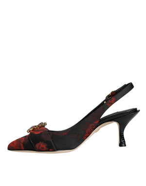 Schwarz Rot Floral Kristall Absatz Slingback Schuhe