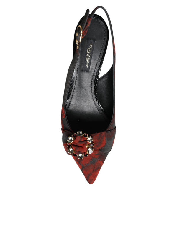 Schwarz Rot Floral Kristall Absatz Slingback Schuhe