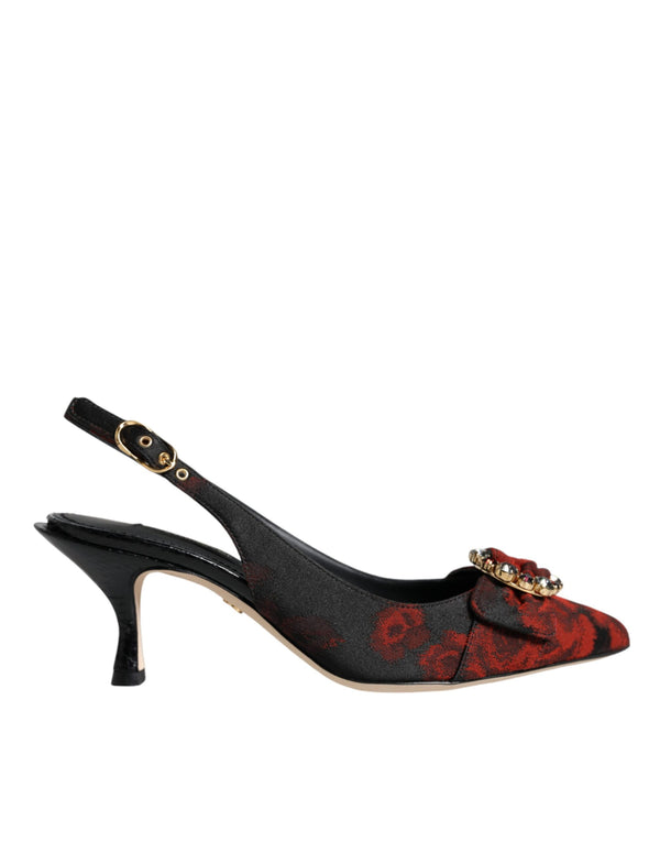 Schwarz Rot Floral Kristall Absatz Slingback Schuhe