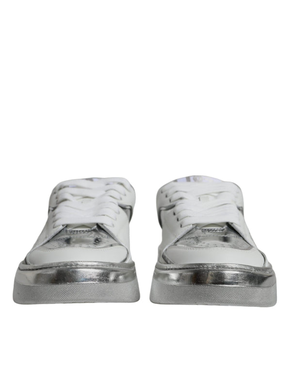 Weiß Silber Leder Low Top Sneakers Schuhe