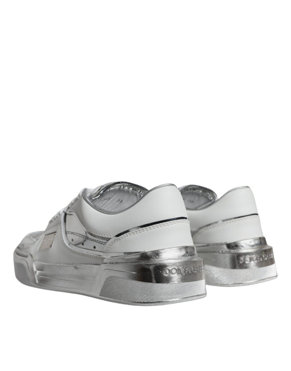 Weiß Silber Leder Low Top Sneakers Schuhe