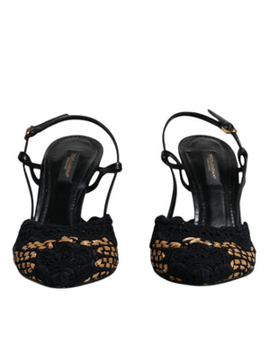 Schwarz Braun Spitze High Heels Slingback Schuhe