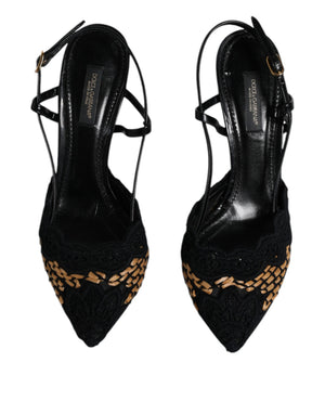 Schwarz Braun Spitze High Heels Slingback Schuhe