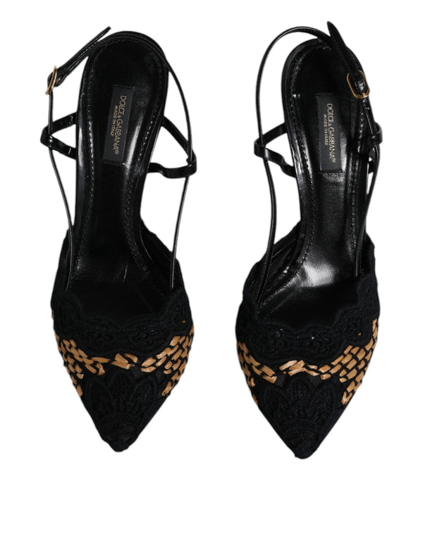 Schwarz Braun Spitze High Heels Slingback Schuhe