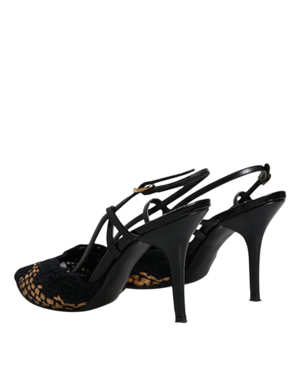 Schwarz Braun Spitze High Heels Slingback Schuhe