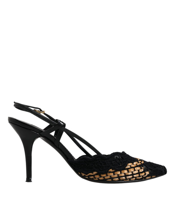 Schwarz Braun Spitze High Heels Slingback Schuhe