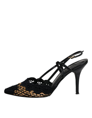 Schwarz Braun Spitze High Heels Slingback Schuhe