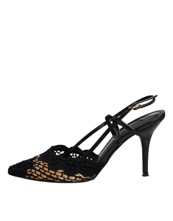 Schwarz Braun Spitze High Heels Slingback Schuhe