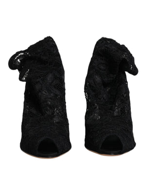Schwarze Spitze Stretch Heels Mittlere Wadenstiefel Schuhe