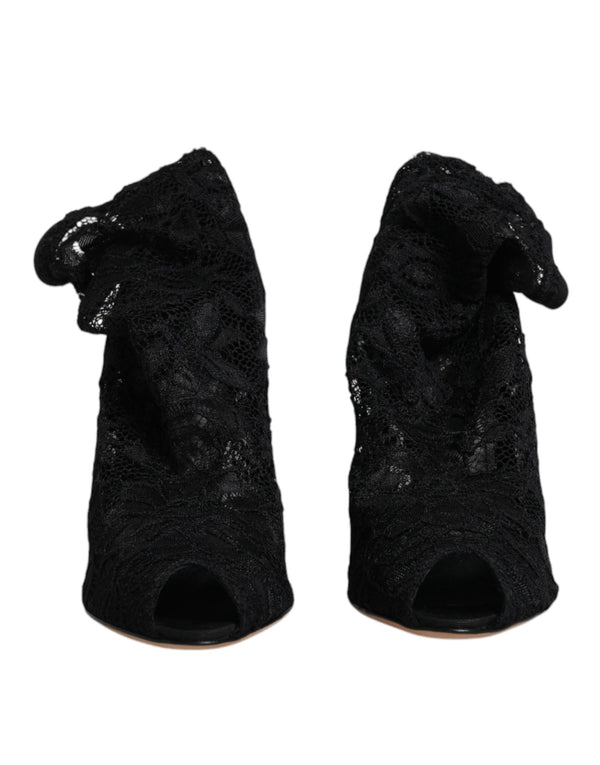 Schwarze Spitze Stretch Heels Mittlere Wadenstiefel Schuhe