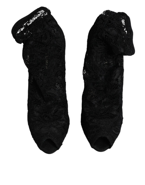 Schwarze Spitze Stretch Heels Mittlere Wadenstiefel Schuhe