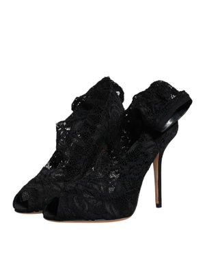 Schwarze Spitze Stretch Heels Mittlere Wadenstiefel Schuhe