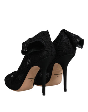 Schwarze Spitze Stretch Heels Mittlere Wadenstiefel Schuhe
