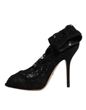 Schwarze Spitze Stretch Heels Mittlere Wadenstiefel Schuhe