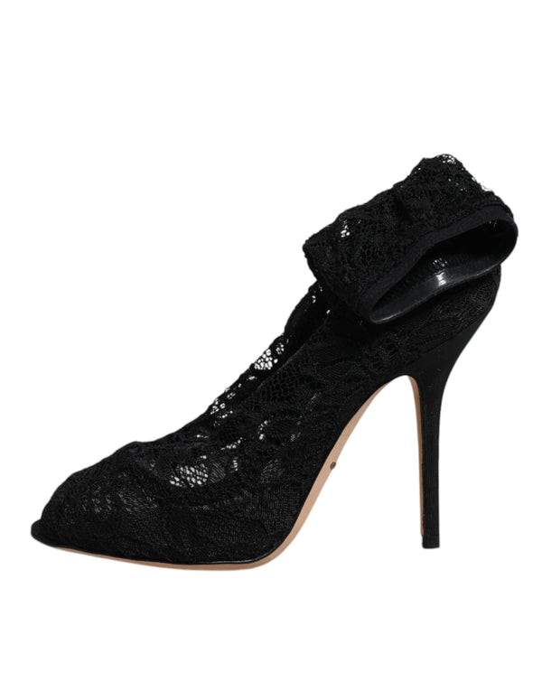 Schwarze Spitze Stretch Heels Mittlere Wadenstiefel Schuhe